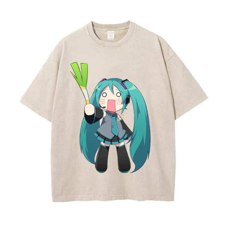 FuFu Hatsune Miku Anime Figure Short Sleeve Couple Men\'s and Women\'s Retro Washed Casual Fashion Pure Cotton T-shirt Gifts