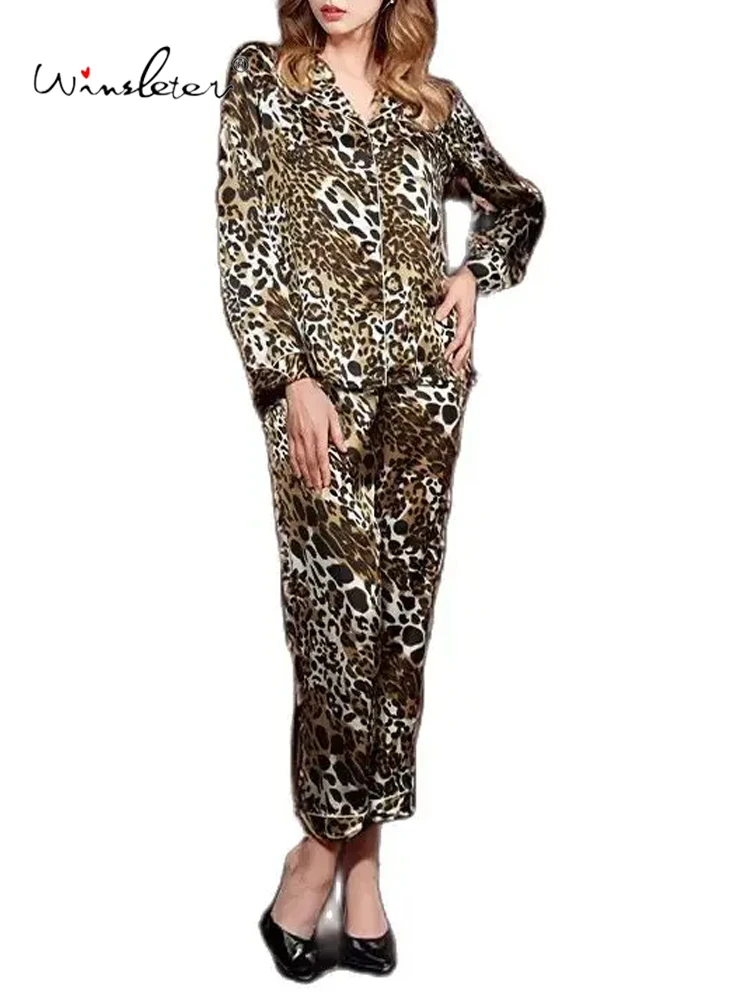 

Winsleter,Women Long Sleeve Pants,Comfortable Leopard Sexy Homewear,16MM 100%Real Silk Pajama Set,2024 Summer Fall S46115QC