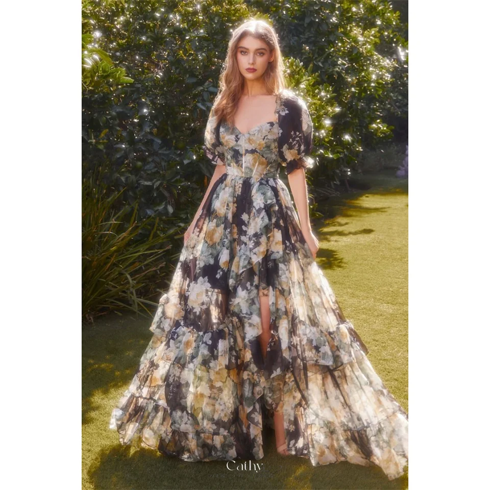 Cathy Customized A-Line Floral Print Tiered Ruffle Prom Dresses Puff Sleeve  Elegant vestidos de noiva Side Split Evening Dress - AliExpress 320