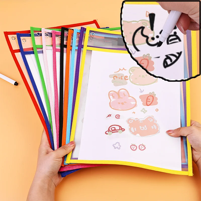 

Reusable Dry Erasable Pockets PVC Transparent Write And Wipe Drawing Board Dry Brush Bag File Pocket For Teaching Kids Pastels