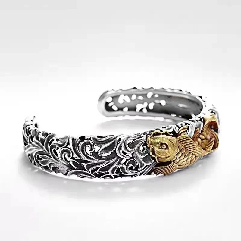 Ethnic Style Koi Fish Carving Pattern Bracelet Fashion Retro Open Cuff Bracelet Men and Women Wealth Jewelry Gift