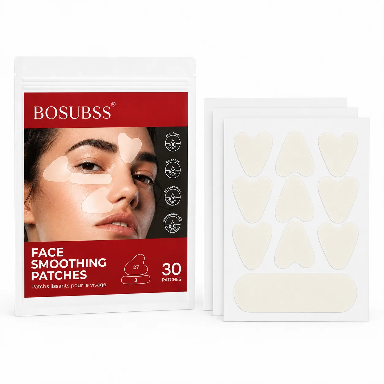 30Pcs Face Smoothing Patches, Multi-Zone Pre-Cut Facial Care Patches, 27 Contour Patches + 3 Strips for Daily Beauty Routine