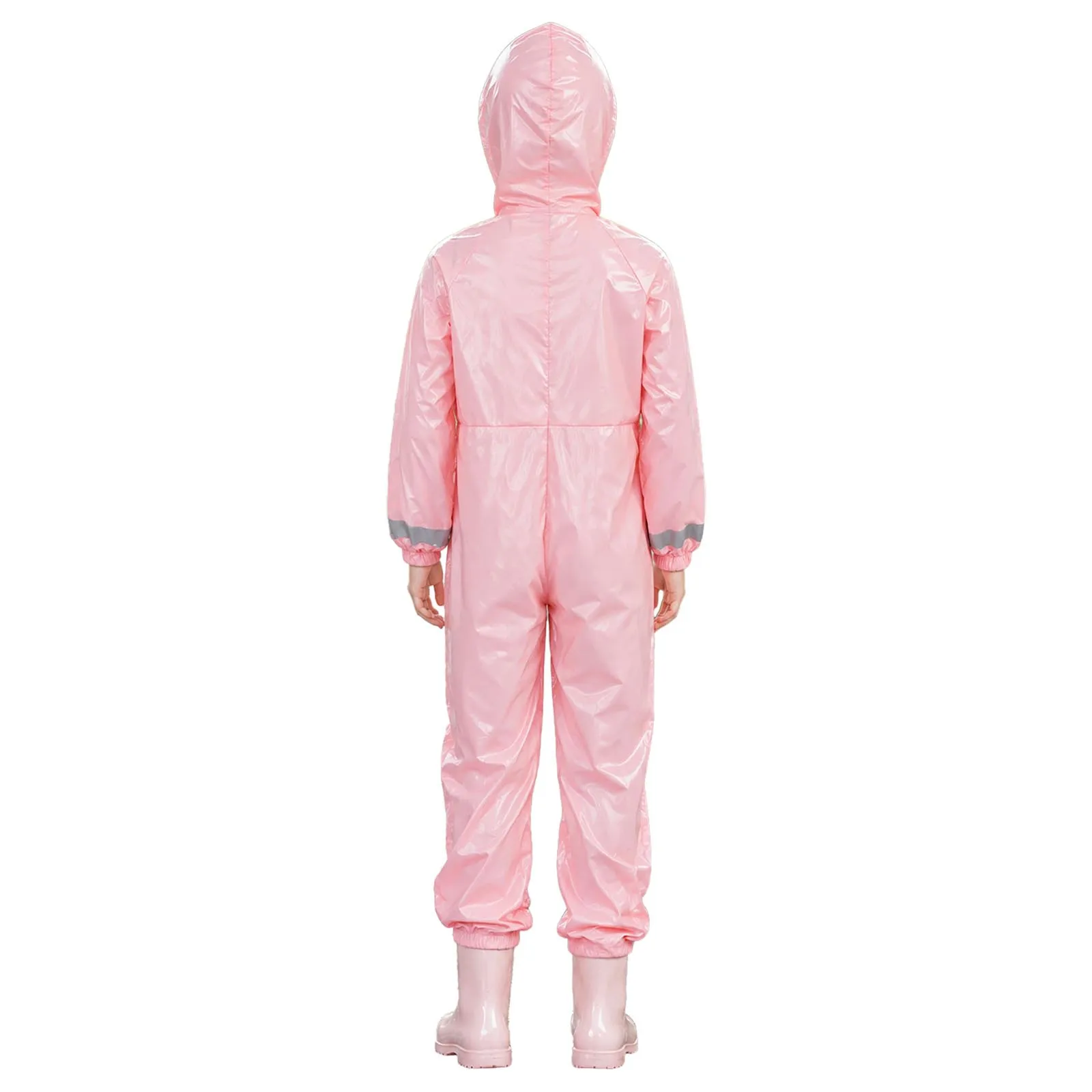 Kids Boys Girls Water Resistant One-piece Rainsuit Zipper Raincoat Long Sleeve Hooded Coverall Full Jumpsuit with Storage Bag