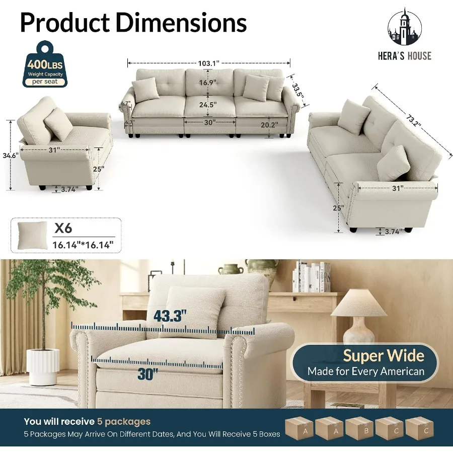 Modular Sectional Sofa Set for Living Room 3-Piece Deep Seats