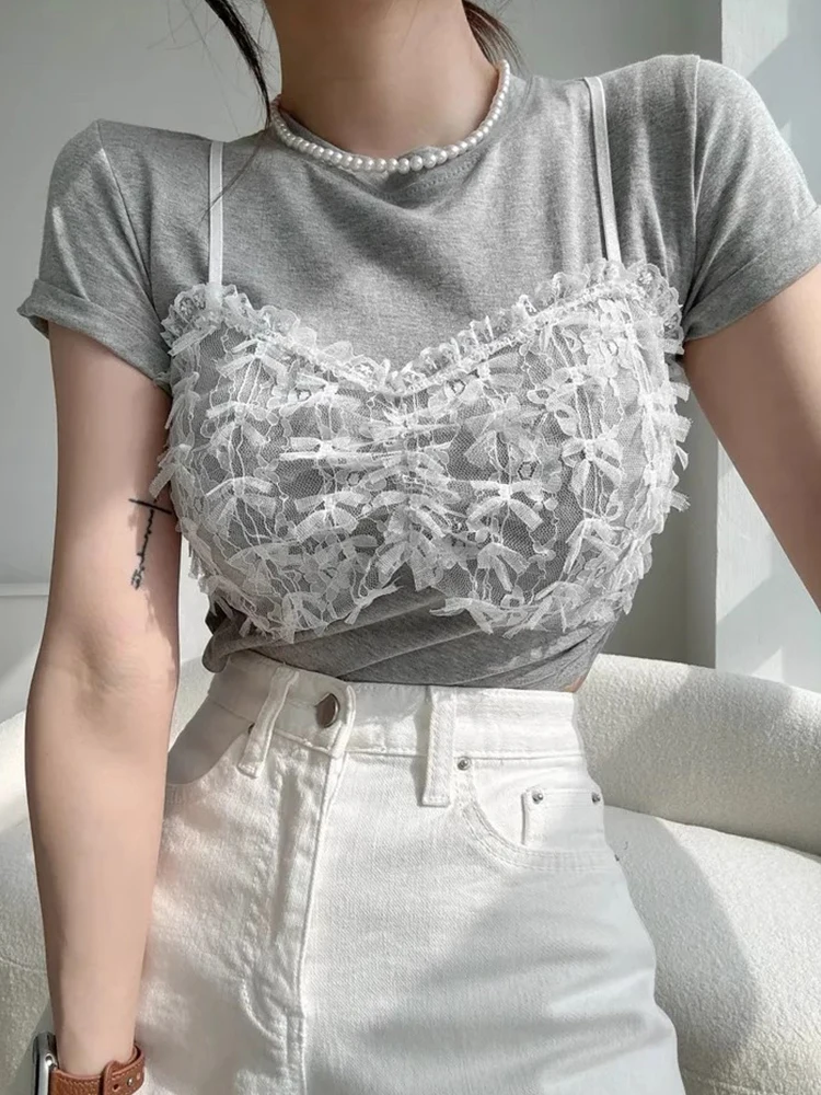 

Шикарная летняя облегающая футболка с кружевной отделкой, круглая футболка Ne ort Sve, универсальный повседневный женский топ для поездок на работу