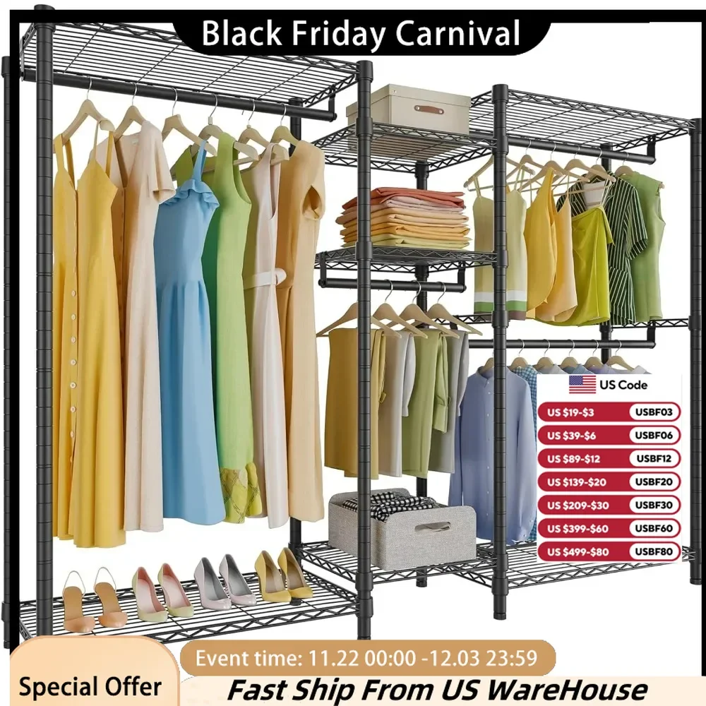 Garment Rack Clothes Rack Metal with Shelves, Max Load 850LBS, Freestanding Portable Wardrobe Closet Rack for Hanging Clothes