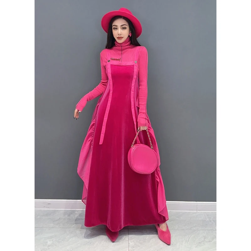 Vefadisa 2024 Fall New Red Women\'s Velvet Strap Dresses Waist Stitching A Line Dress Elegant Casual Fashion Dress ZXY641A