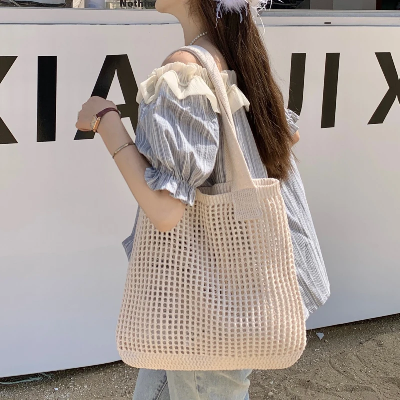 

Knitted Handbags Beach Bags Lightweight Students Shoulder Casual Tote Female Style Shopping Woven Bags For Women Girls