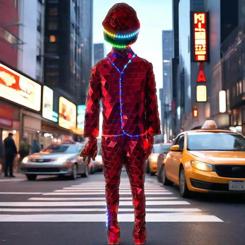 LED Light Up Suit USB Rechargeable Mirror Surface Costume with Mask for Men Handmade Color Changing Dance Wear  Stage DJ Party