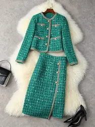 2022 Autumn Winter New Tweed Skirt Set Women's Party Suits Sequins Plaid Office Woolen Jacket Coat Hip Wrap Skirt 2 Piece Clothe