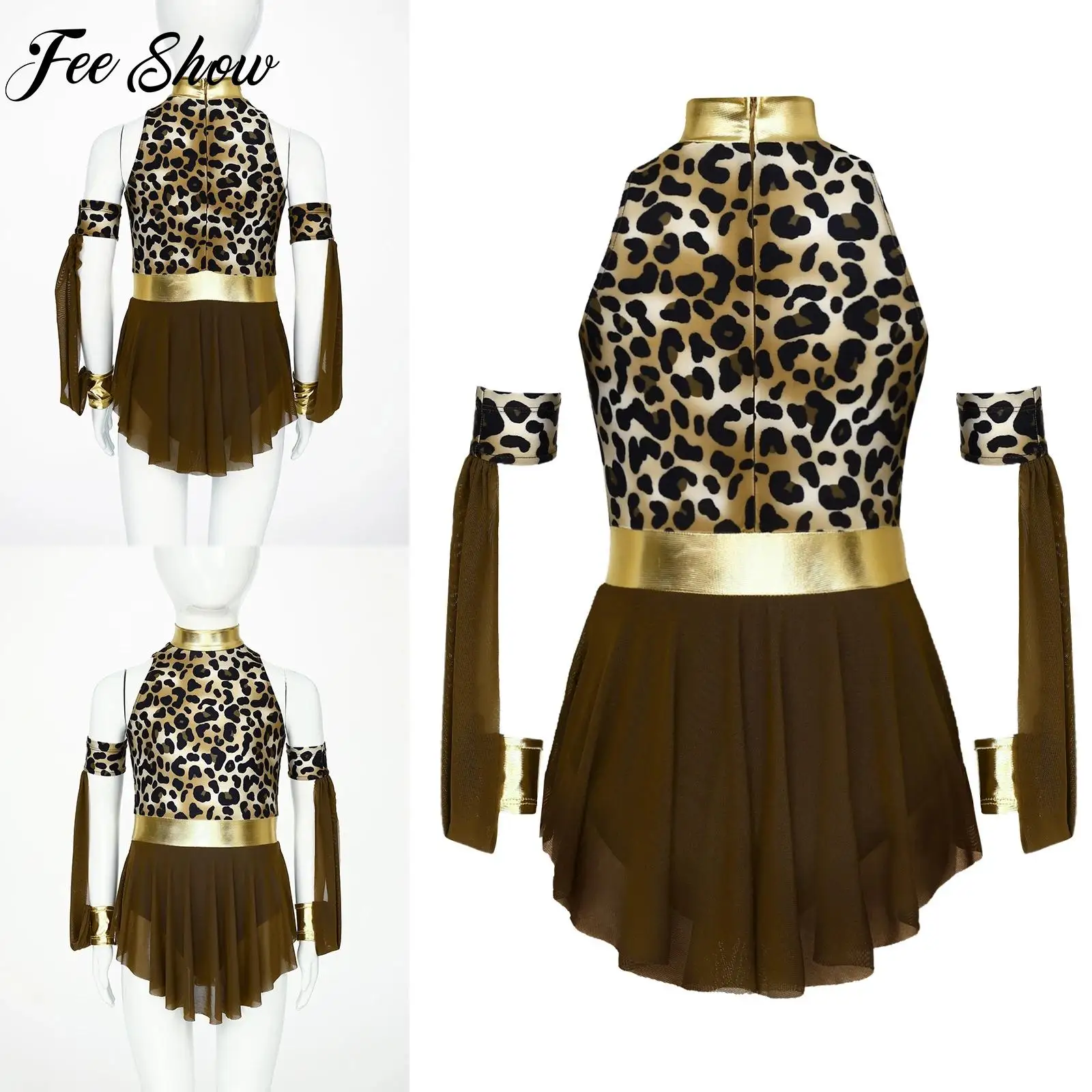 

New Girl Carnival Prehistoric Cave Cosplay Costume Outfit Leopard Print Metallic Gloss Sleeveless Dress Halloween Party Clubwear