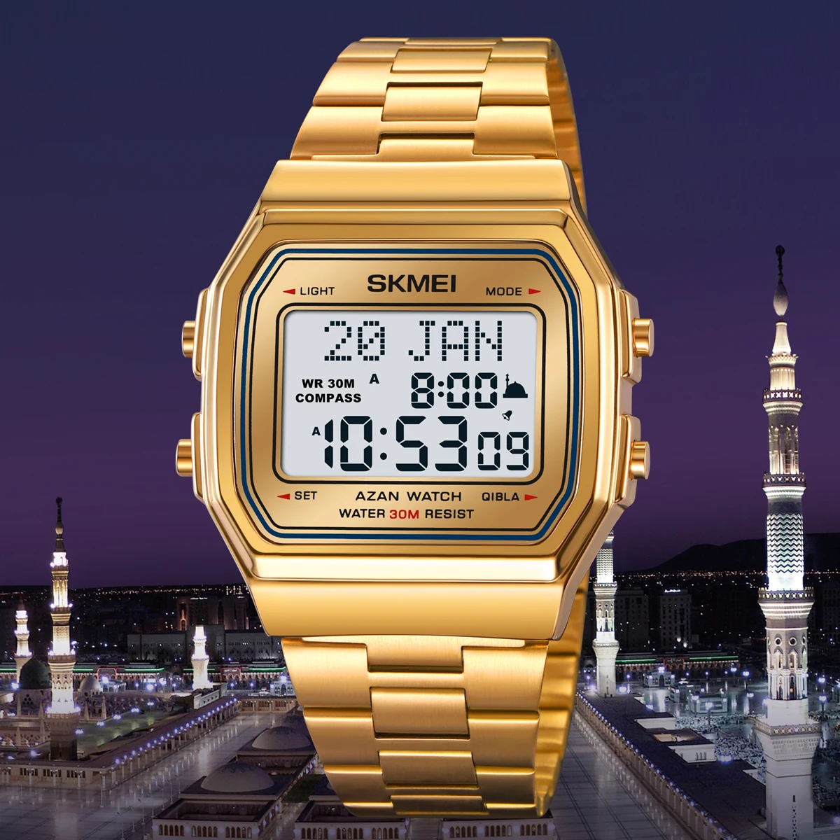 SKMEI Azan Watch for Men Muslim Prayer with Qibla Direction Al-Harameen Fajr Time Clock Include Hijri Calendar Ramadan Gift