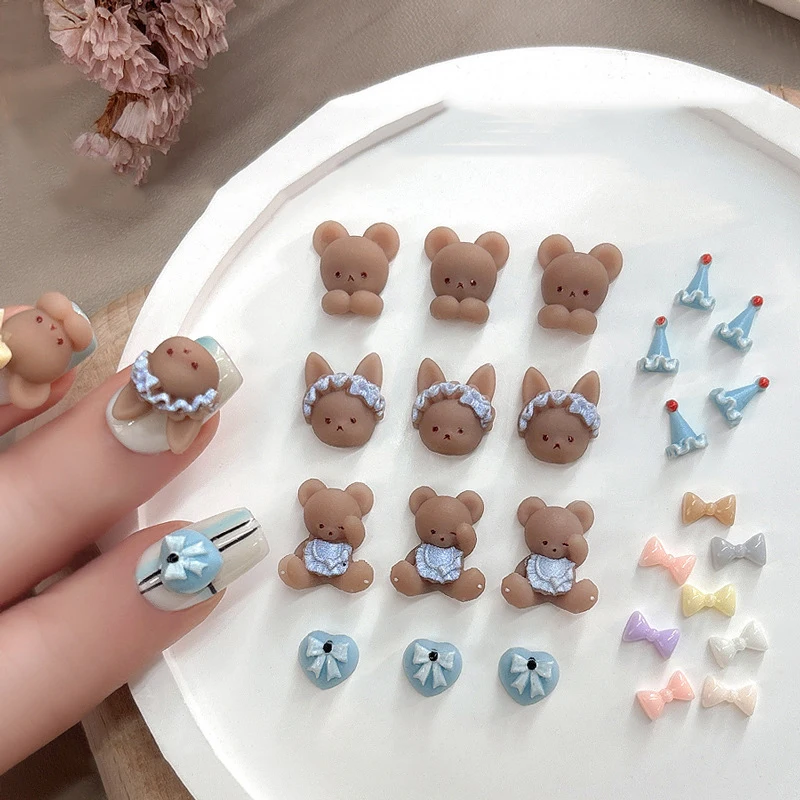 10Pcs Apron Bear Nail Accessories Cute Cartoon 3D Bowknot Wear Nail Drill Decoration Nail Art Charms DIY Manicure