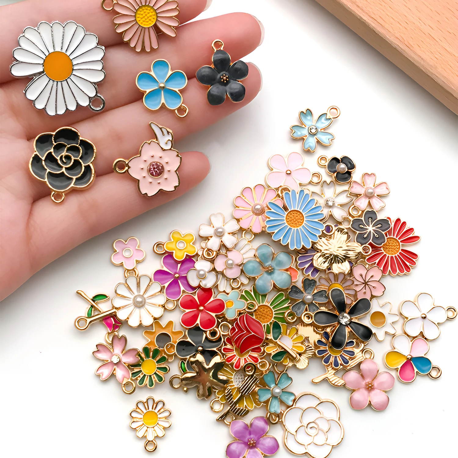 60pcs Enameled Floral Charms - Assorted Colored Daisy, Cherry Blossom & Rose Alloy Pendants for DIY Jewelry Making.