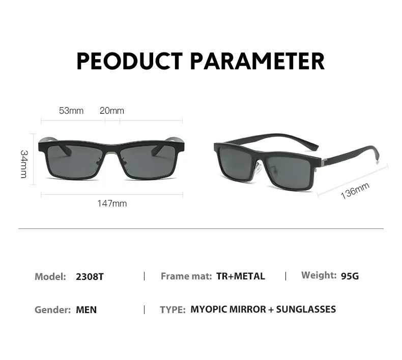 Vcka quadratische Myopie Brille Sonnenbrille 0,5 Magnet clip Männer Geschäfts frauen Legierung Vollformat benutzer definierte Optik Brillen-bis-10 – Detail 6
