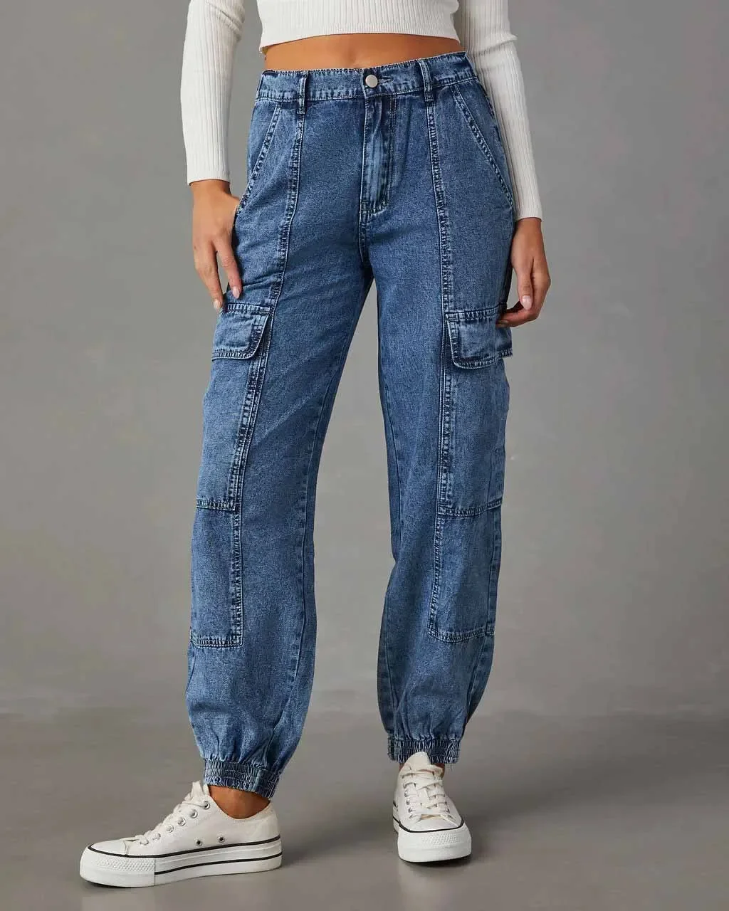 Women Solid Long Cargo Pants Casual Loose Button Elastic Waist Splice Autumn 2023 Regular Straight Denim Trousers Jeans