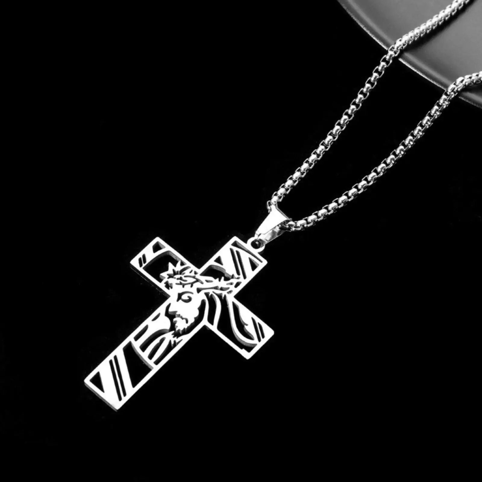 Jesus-Kreuz-Halskette aus Edelstahl mit Dornenkrone-Anhänger, religiöser christlicher Halsketten-Schmuck für Männer, Geschenk – Detail 5