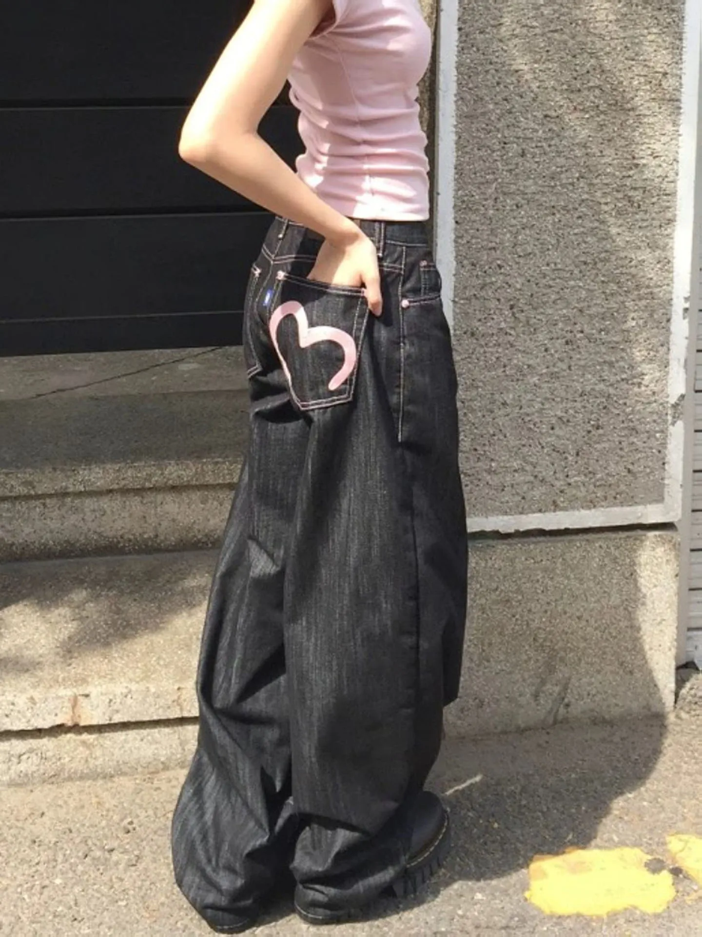 

American Retro Washed Heart Wide Leg Jeans Women Summer New High Waist Loose Slimming Floor-Length Straight Long Pants