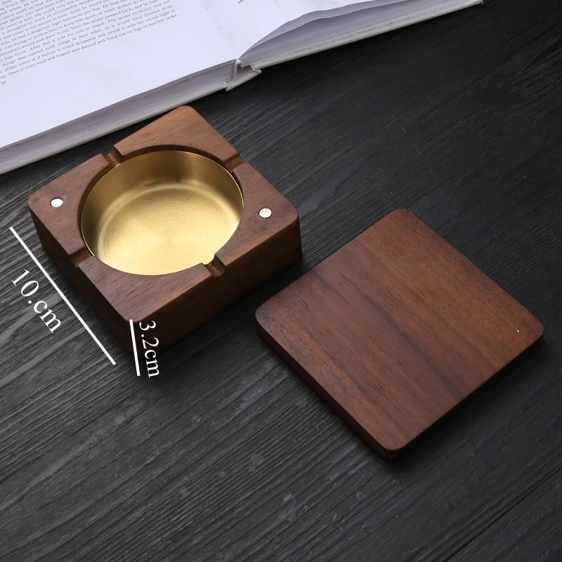 New Creative Ashtrays With Lid Walnut Wood Desktop Ashtray Stainless Steel Windproof Ash Tray for Smoking Office Home Decoration