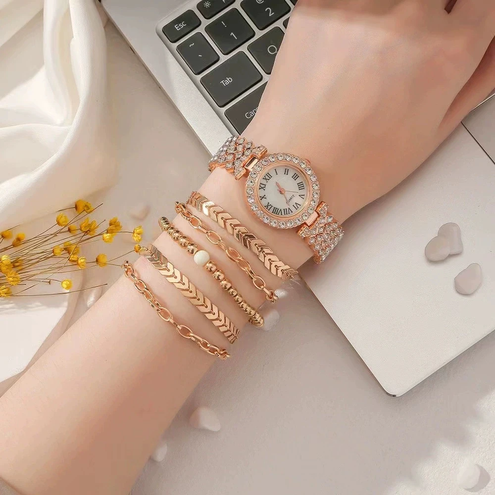 Casual Fashion Drilling Simple Roman Pattern Women's Watch Bracelet 6 Piece Gift Box Set