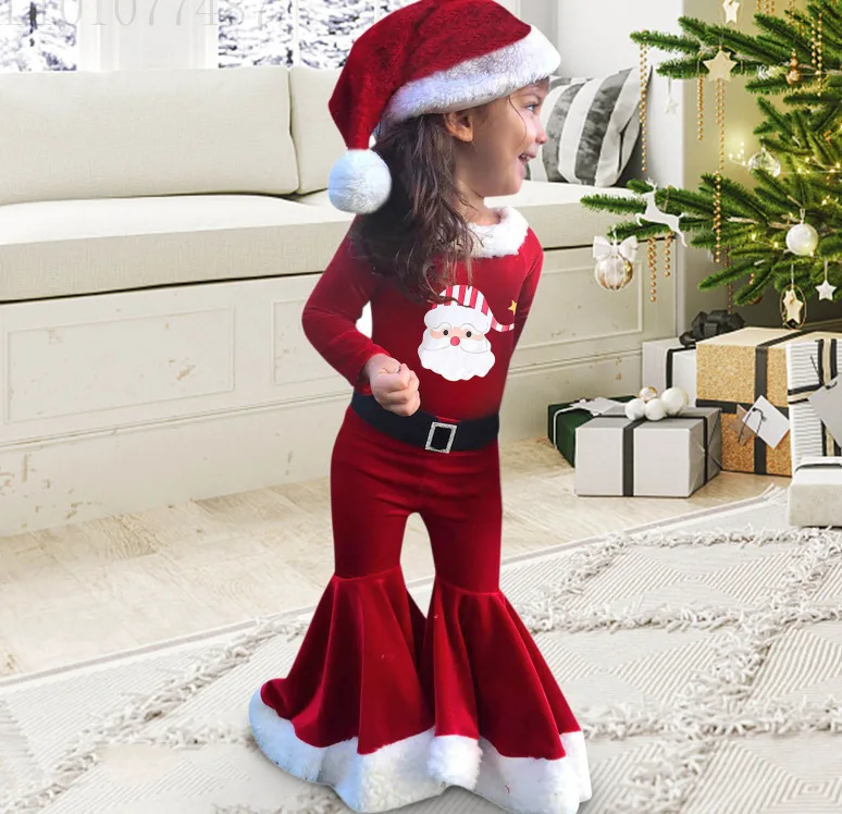 New Girls Christmas Cosplay Long Sleeve Bell Bottom Velvet Suit Carnival Party Santa Claus Costume 3 Pieces 2-8 Years Old DS39