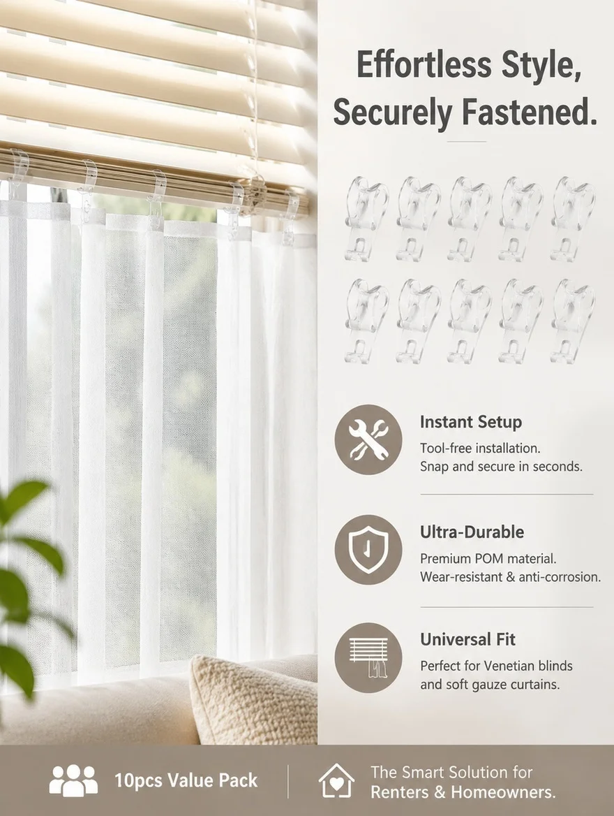 10Pcs Curtain Fixation Hooks Transparent Pom Roller Curtain Positioning Clips Clear Safety Chain Guide Accessories for Blinds