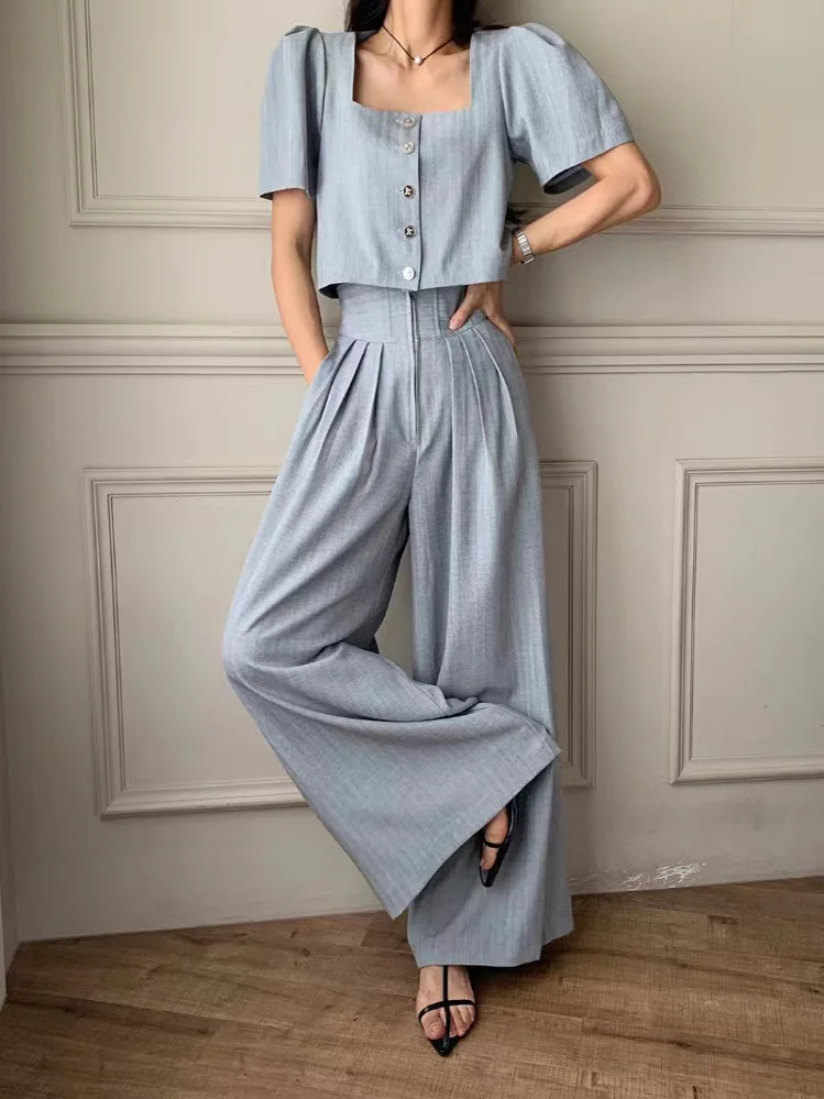 

Women's ort Bubble Sve Open Cardigan Top Loose Casual High Waist Wide Leg Pants Set Cotton Summer Faion Ensemble