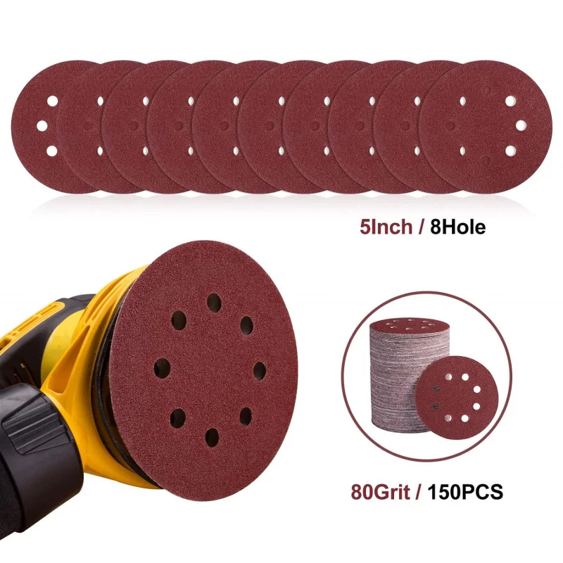 150pcs-set 1800pcs-carton 80 grit 5 inch sanding discs 8-hole adhesive sandpaper with hook loop woodworking Automotive