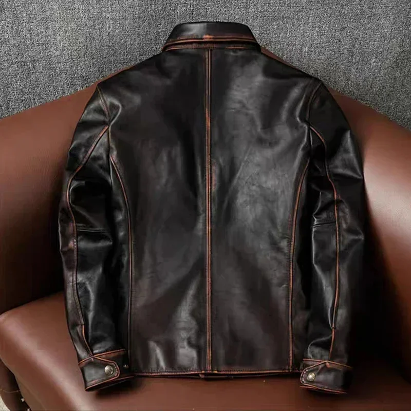 New Top Layer Tea Core Horse Leather Dispatcher Jacket Classic Retro Men's Lapel Button Down Motorcycle