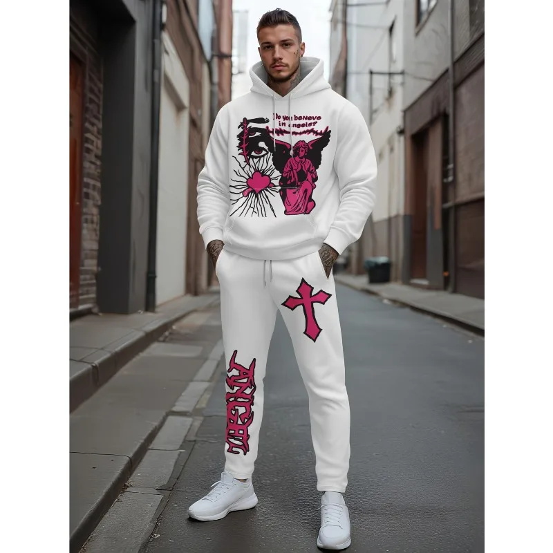 2025 الربيع والخريف مواسمين رياضية غير رسمية ثلاثية الأبعاد مطبوعة الرجال الكتف نمط هوديي السراويل العليا مزيج قطعتين مجموعة