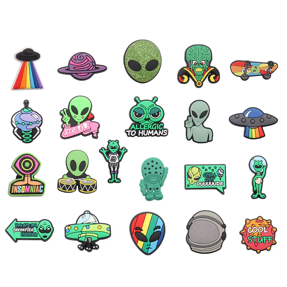 Single Sale 1pcs PVC Shoe Charms UFO Planet Alien Skateboard Kit Drum Helmet Cool Stuff Chill Out Buckle Clog Fit Wristbands