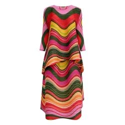 2025 Spring New Women's 2 Piece Set Miyake Pleated Top Fashion Stripe Age Reducing Suit Fashionable Matching Printed Half Skirt