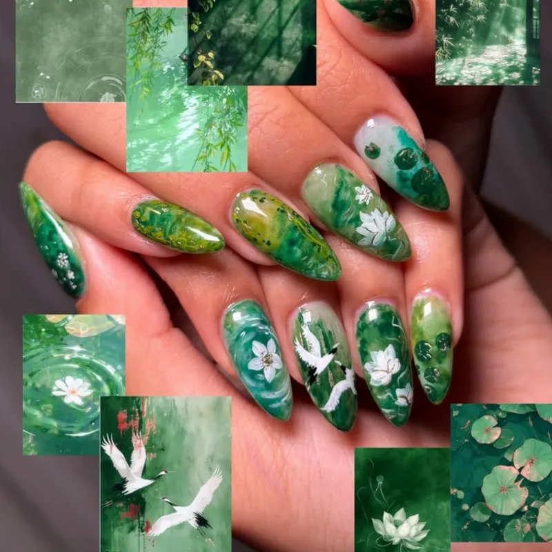 

24PCS Green Smudging French False Nails with Glue Forest Style Lotus Sweet Retro Almond Press on Nails Full Cover Wearable Nails