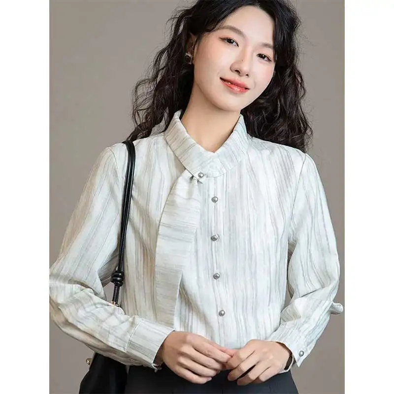 

Женская одежда, весенне-осенняя модная корейская универсальная рубашка с круглым вырезом на пуговицах, женская простая винтажная полосатая хлопковая женская рубашка, топ Te