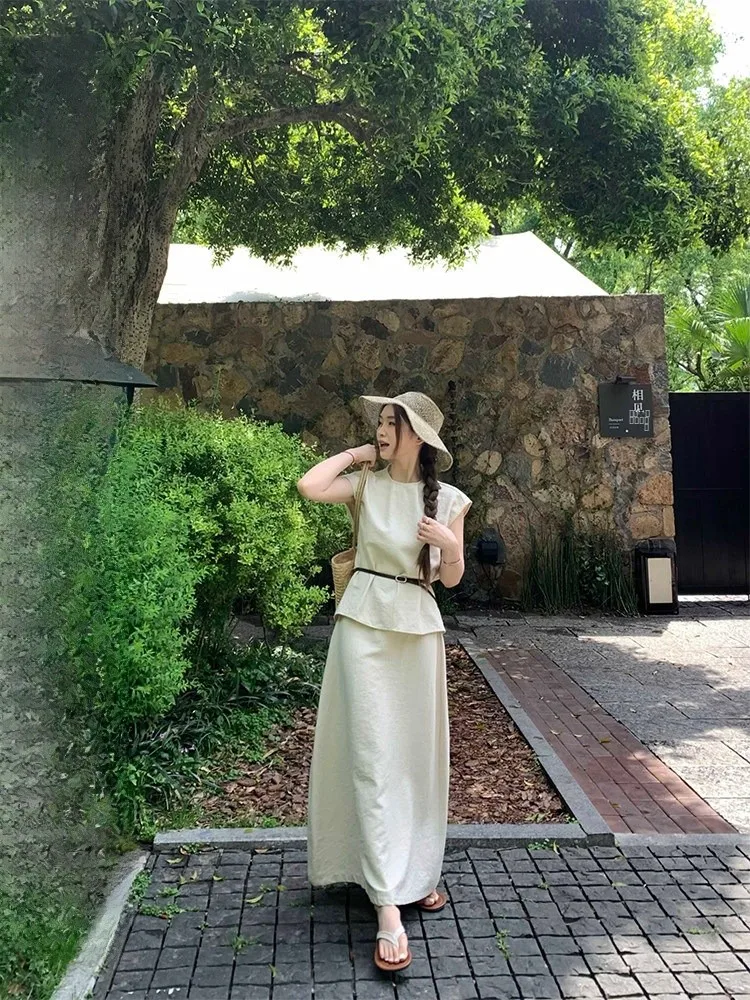 

Повседневный комплект из юбки и топа с поясом, модный топ и длинные брюки, летняя коллекция для женщин 25-35 лет