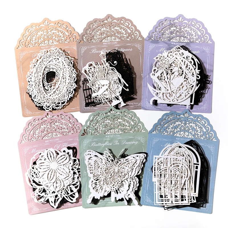 Journamm 20pcs/pack Hollow Out Craft Paper Aesth Floral Window Collage Junk Journal DIY Scrapbooking Black White Materials Paper