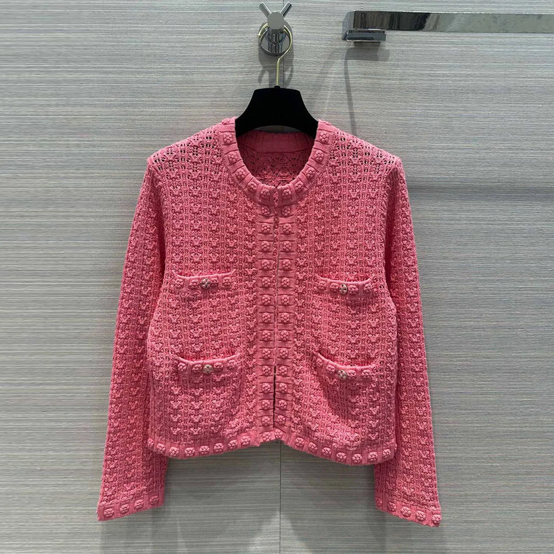 2024 New Spring Fashion Solid Twist Knitted Sweater Women O-neck Long Sleeve Buttons Four Pockets Cardigan Coat