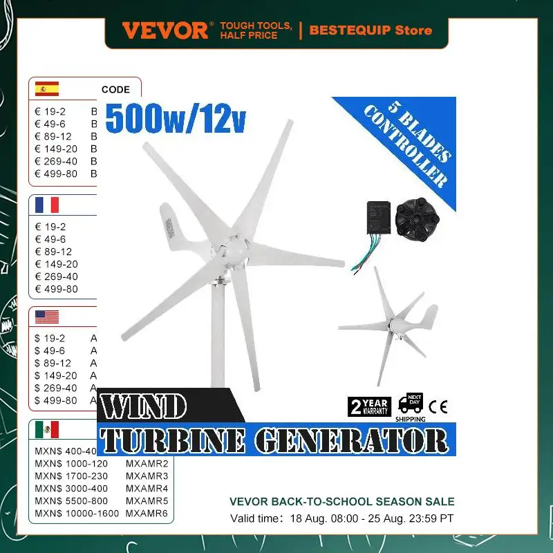 VEVOR 400W 500W Wind Turbine Generator 12V 24V 5-Blade Charge Controller Windmill RV Yacht Farm Small Wind Generator Home Use