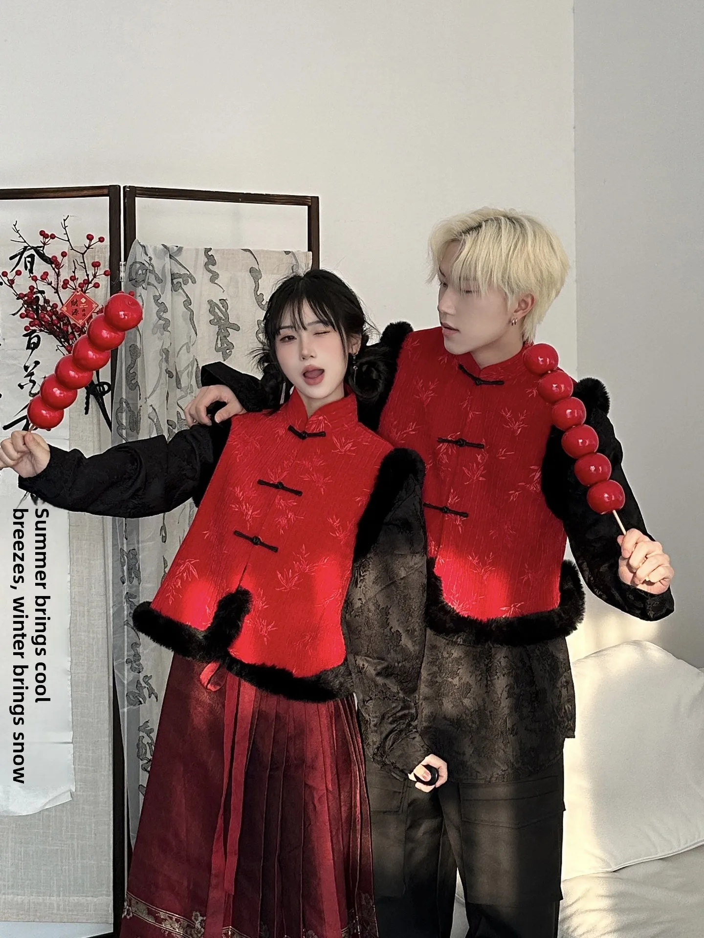 

New Chinese Style Red Vest Couple's Outfit National Costume Shirt Face Skirt New Year's Calligraphy Wedding Daily Hanfu...