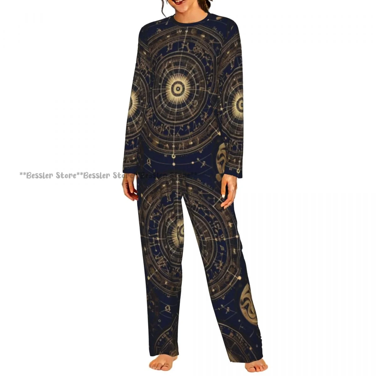 Women Round Neck Pajamas Set Celestial Star Chart Long Sleeve Tops + Long Pants