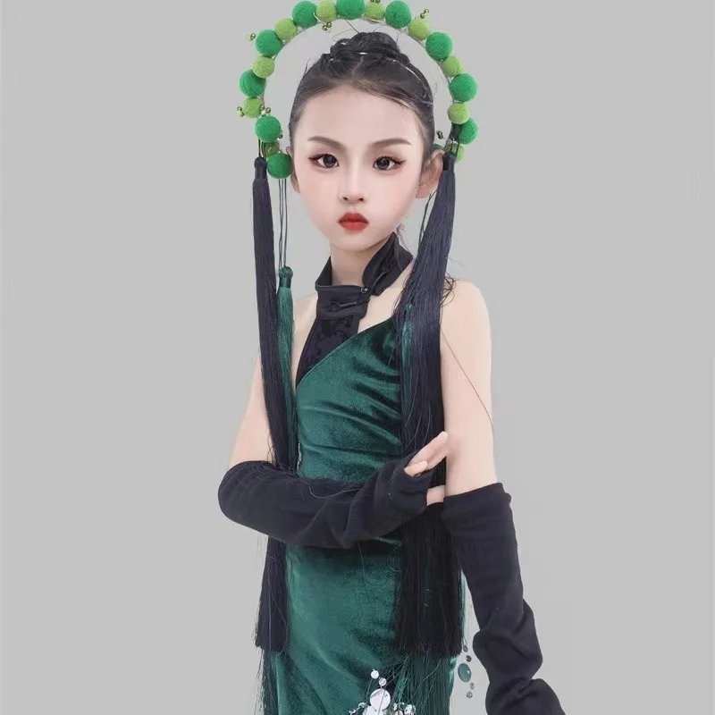 Girls' Dark Green Cheongsam Slim Suit Peking Opera Elements Chinoiserie China Style Children's Costume Show And Princess Dress