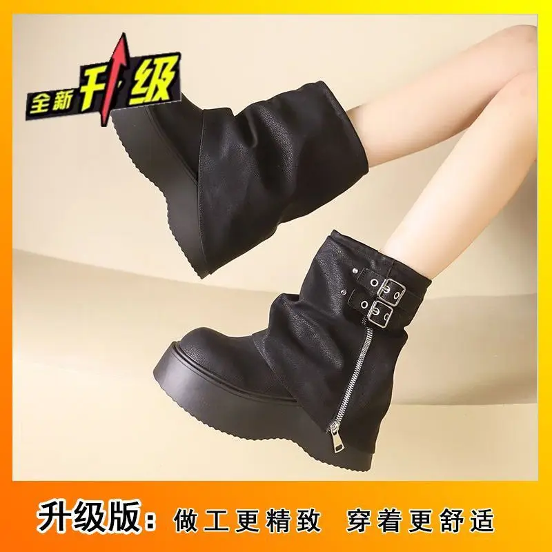 

Retro Wide Tube Boot Women's Personality Small Size Long Boot Thick Bottom Heightening Fat MM Knight Boot PU Material round Toe
