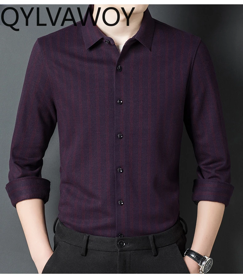 QYLVAWOY 100% Cashmere Shirt for Men Clothing Autumn Winter Mens Shirts Business Casual Long Sleeve Top 2024 Chemise Homme