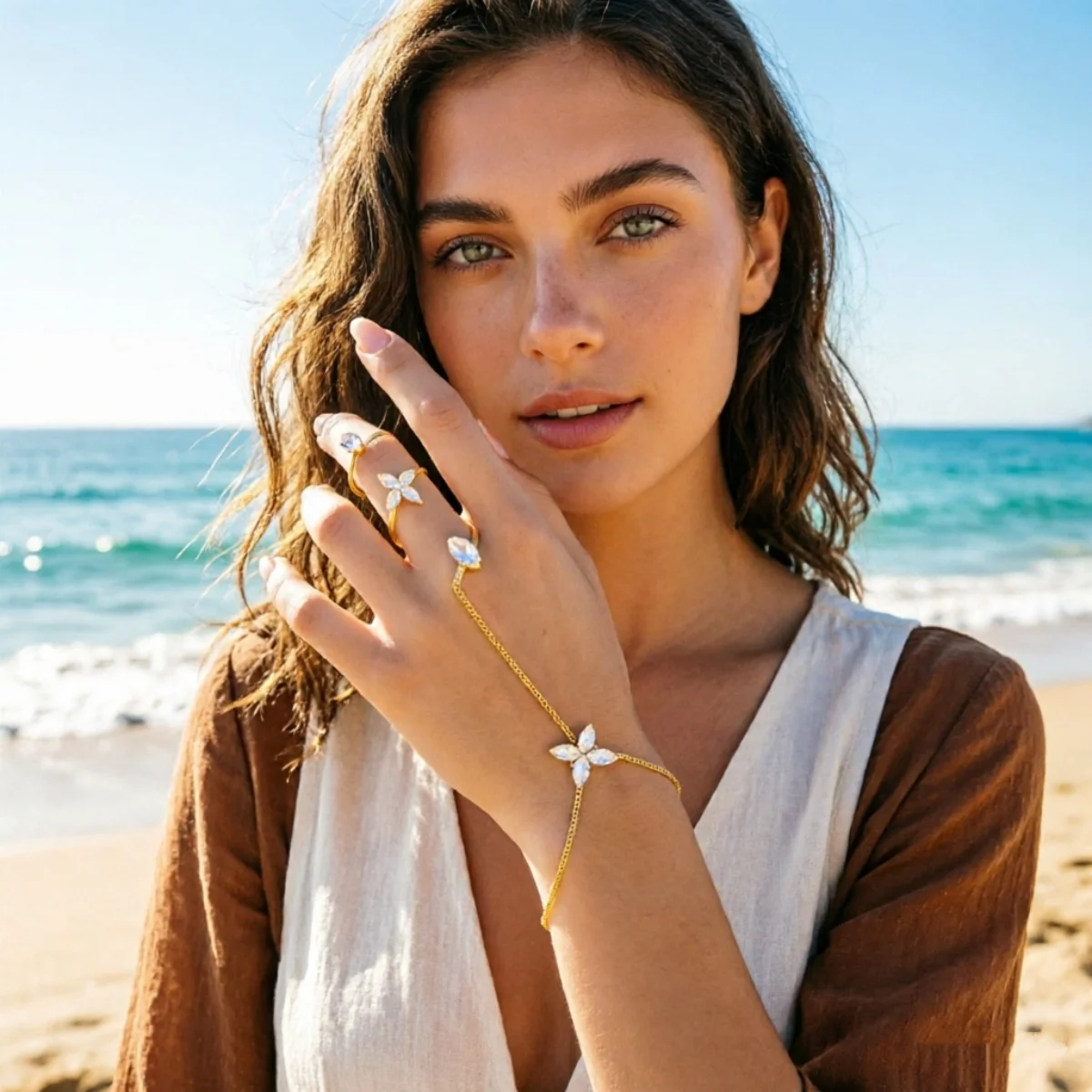 Funkelnde Zirkon-Schmetterlings-Blumen-Fingerketten-Armbänder für Damen und Herren, elegante, modische Tier- und Blumen-Ringarmreifen, zierlicher Schmuck – Detail 12
