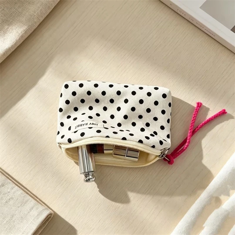 Vintage Polka Dot Floral Mini Geldbörse aus Canvas, Münzbeutel mit großem Fassungsvermögen, kleine Reißverschlusstasche für Damen