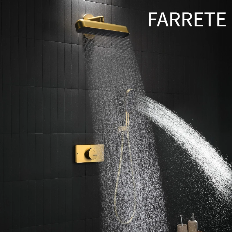 

FARRETE Luxury brushed gold concealed thermostatic shower head set bathroom built-in dual-function water outlet shower system
