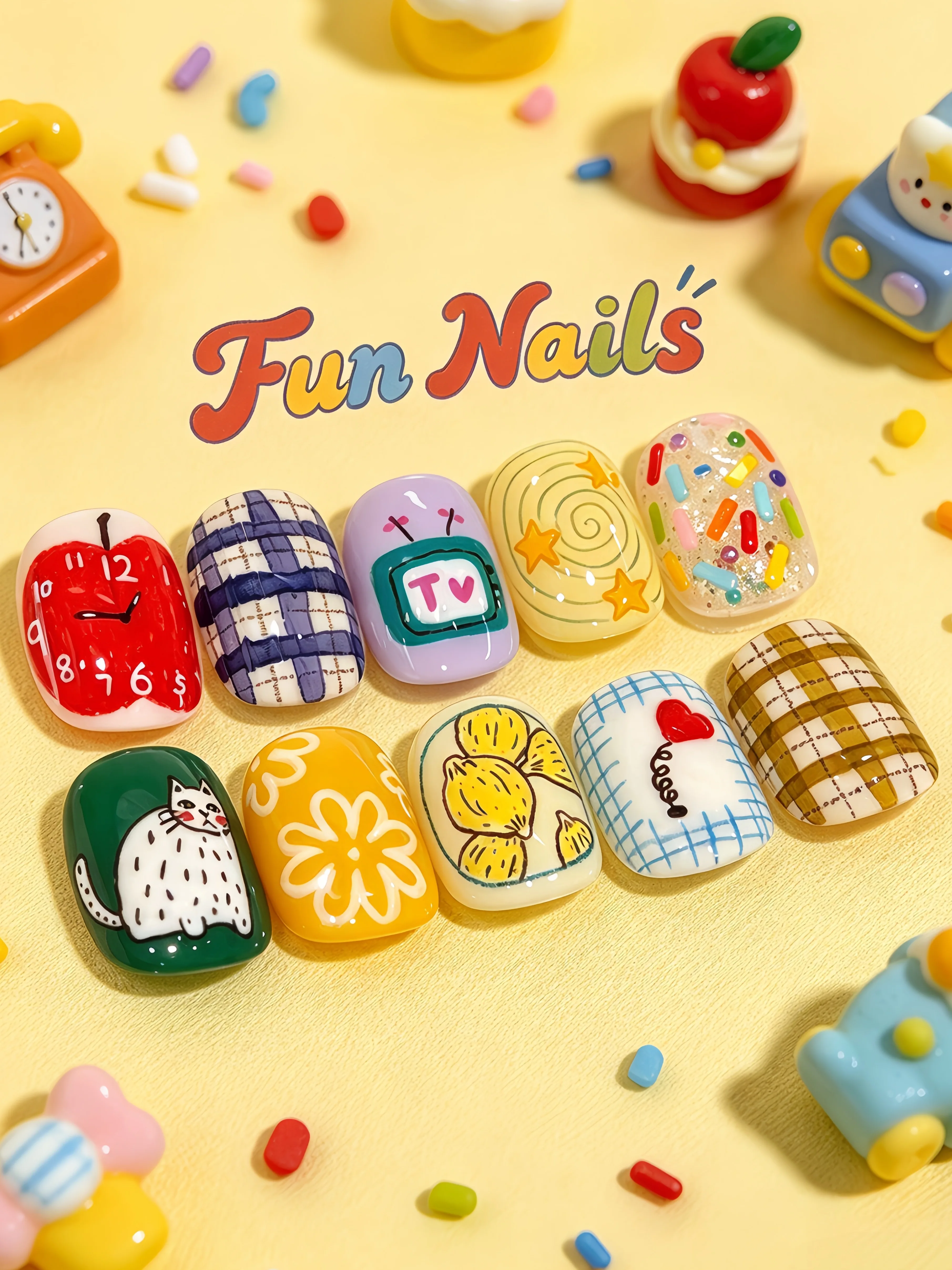 Childlike Magazine-Themed Fake Nails, Short Nail Style with Multi-Element Hand-Painted Graffiti, Retro Cartoon Versatile Nail Stickers for Outings