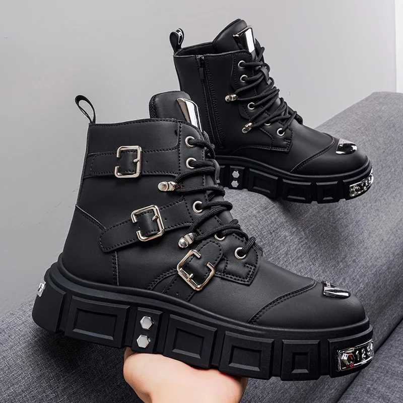 Men's Motorcycle Boots, Street Style Buckle High-Top Men's High-Top Boots, Thick-Soled, All-Season, Retro Motorcycle Casual Boots - view 4