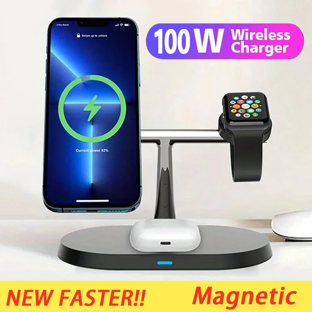 Supporto per caricabatterie wireless magnetico da 100 W per iPhone 16 15 14 Pro Max Apple Watch 8 7 9 Airprods 3 in 1 Stazione di ricarica rapida Macsafe