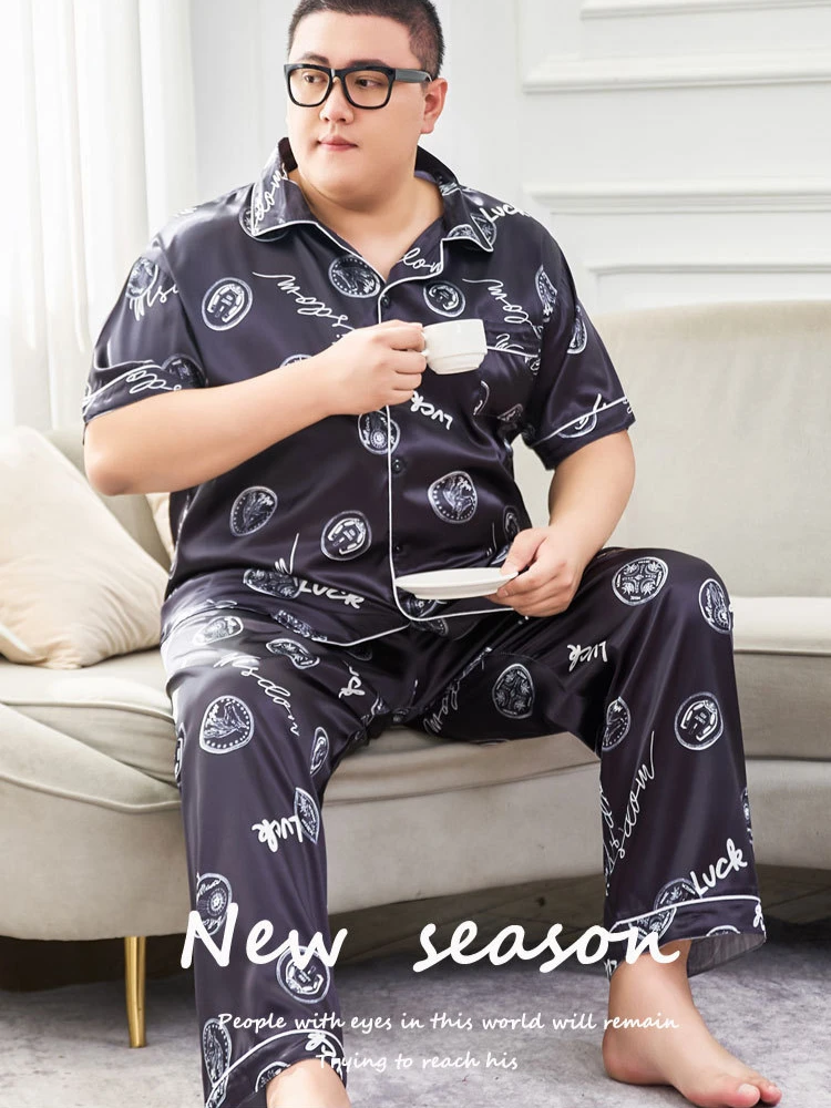 

165kg Extra Large Size Mens Pajamas Can Be Worn Outside Ice Silk Summer Casual Short-sleeved Trousers Set Satin Silky Loungewear